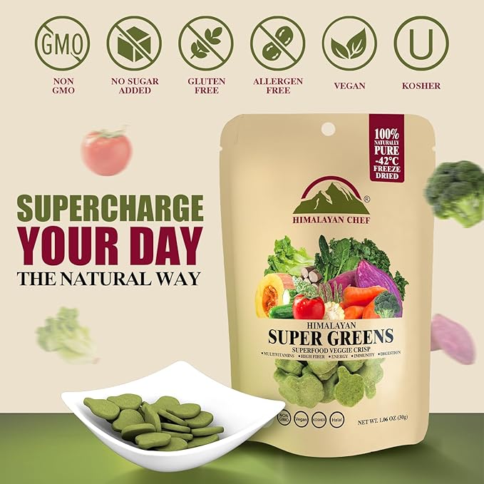 Himalayan Chef Super Greens Veggie Crisp 30g each Freeze-Dried Superfood Snack 30+ Organic Green Veggie Mix Protein-Rich, Nutrient-Packed, Gluten-Free 10 Pack