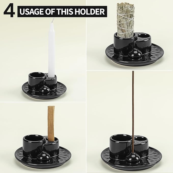 Palo Santo Sticks Holder, Multi-Purpose Handmade Ceramic Incense Burner for Palo Santo Incense Sticks, Sage Holder for Burning, Ash Catcher Tray for Meditation Yoga Room (Black)