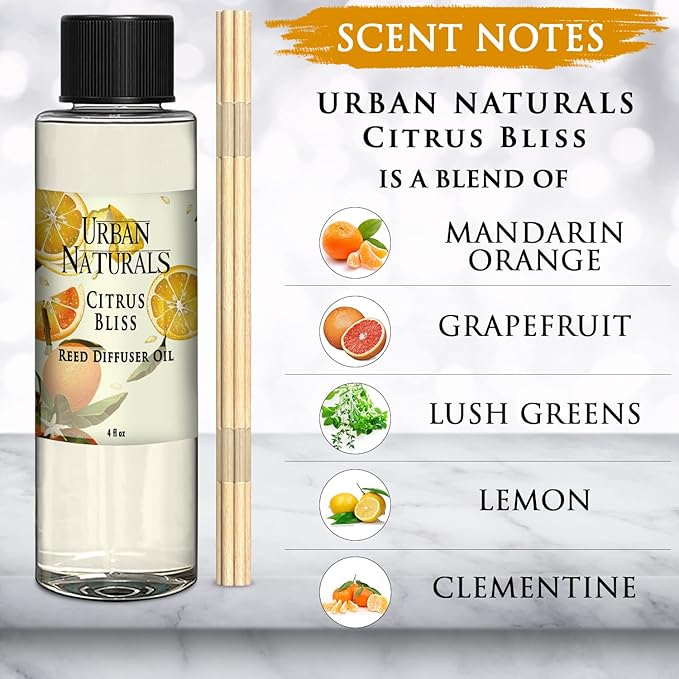 Urban Naturals Citrus Bliss Mandarin & Grapefruit Scented Reed Diffuser Oil Refill + Replacement Reed Sticks | Fresh, Bright Citrus Scent 4 oz.