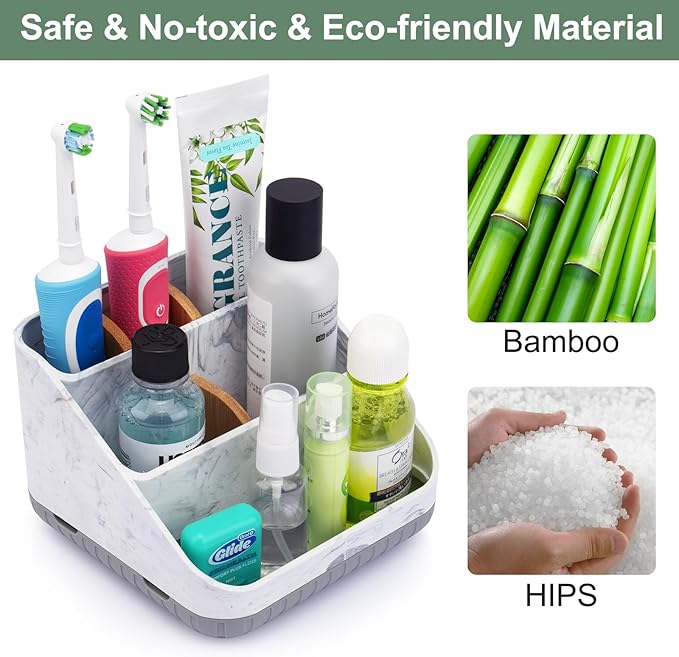 Chintu Toothbrush Holders for Bathrooms - 6 Slots Electric Tooth Brushing Holder, Bathroom Countertop Organizer for Kids Family, Marble Toothbrush and Toothpaste Holder Shower Storage Grey