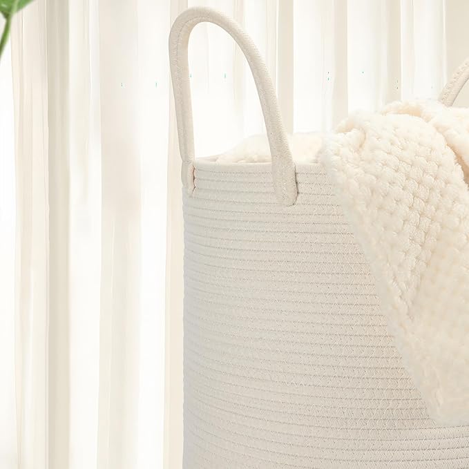58L Cotton Rope Laundry Basket (20"x15"),Woven Basket for Storage Dirty Clothes Basket for Laundry, Living Room, Nursery, Bedroom Rope Storage Basket for Blankets（White）
