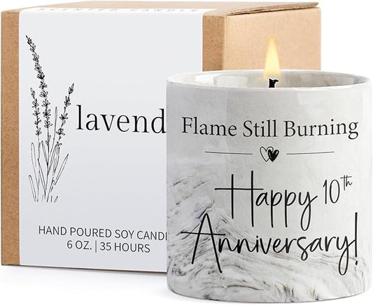 10th Anniversary Candle - 10th Anniversary Present for Him, Her, Wife, Husband, 10 Year Aniversario Gifts for Men & Women, Couple - 6 Oz Porcelain Lavender Candle