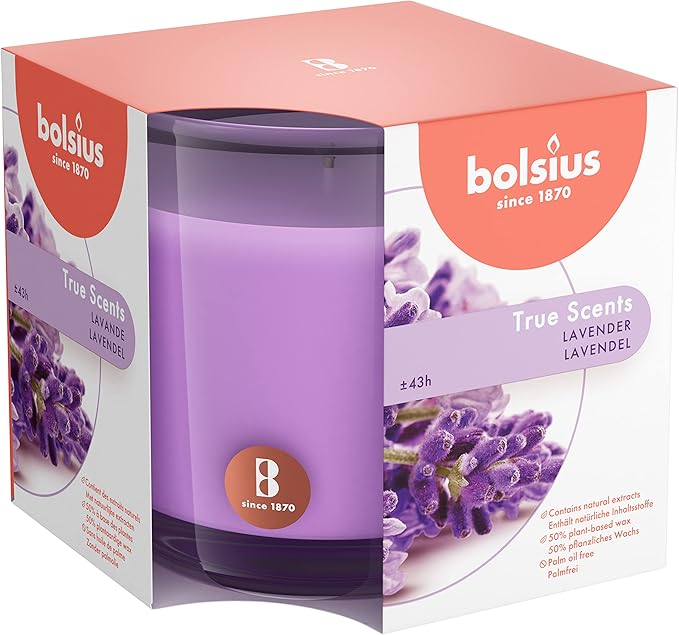 Bolsius Premium Lavender Scented Candle - Long-Lasting Candle Jar, 43+ Hours Burning Time - Natural Lavender Candle with Plant-Based Wax- Smokeless. Clean-Burning Aromatherapy Candle - Large, 8oz Jar