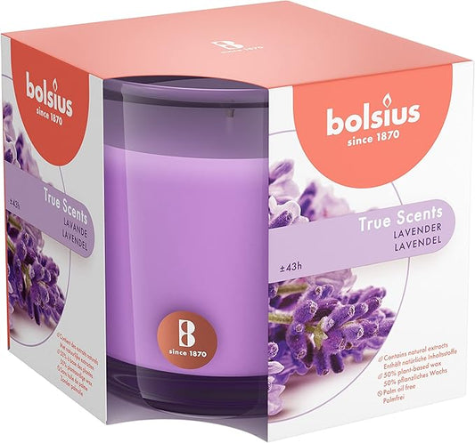 Bolsius Premium Lavender Scented Candle - Long-Lasting Candle Jar, 43+ Hours Burning Time - Natural Lavender Candle with Plant-Based Wax- Smokeless. Clean-Burning Aromatherapy Candle - Large, 8oz Jar