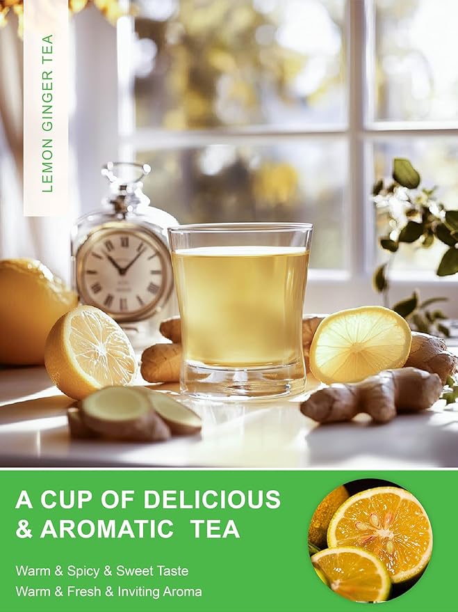 TeeLux Lemon Ginger Herbal Tea, Refreshing Lemon with Spicy Ginger Root & Zesty Lemongrass, Caffeine Free, Soothing & Tangy Flavor, 100 Tea Bags