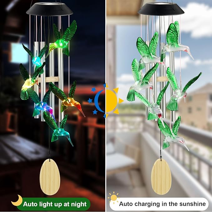 Hummingbird Decorative Mobiles Gifts, Solar Hummingbird Wind Chimes, Gifts for Mom, Women, Grandma, Garden Courtyard Lawn Decor, Gift for Christmas and New Year