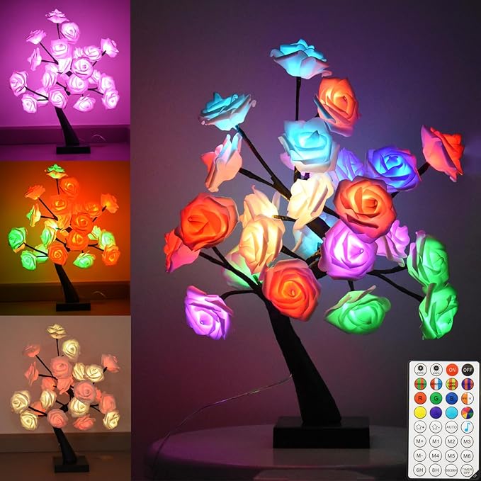 24 LED Rose Tree Lamp, Color Changing Artificial Rose Lamp with Remote, USB Powered Bonsai Night Light for Valentine's Day, Home Desk Decor, Wedding Christmas Party Centerpiece