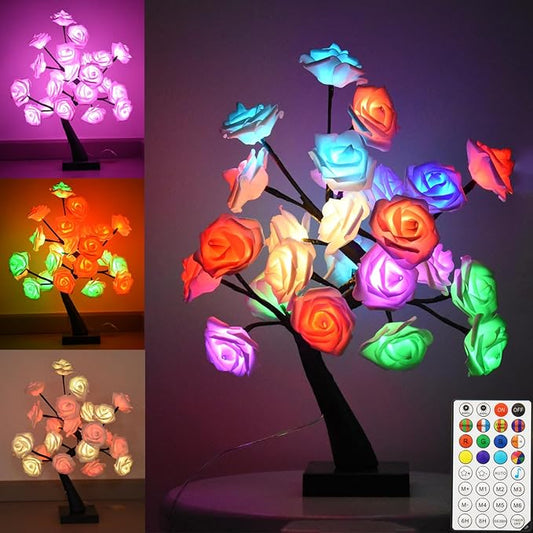 24 LED Rose Tree Lamp, Color Changing Artificial Rose Lamp with Remote, USB Powered Bonsai Night Light for Valentine's Day, Home Desk Decor, Wedding Christmas Party Centerpiece