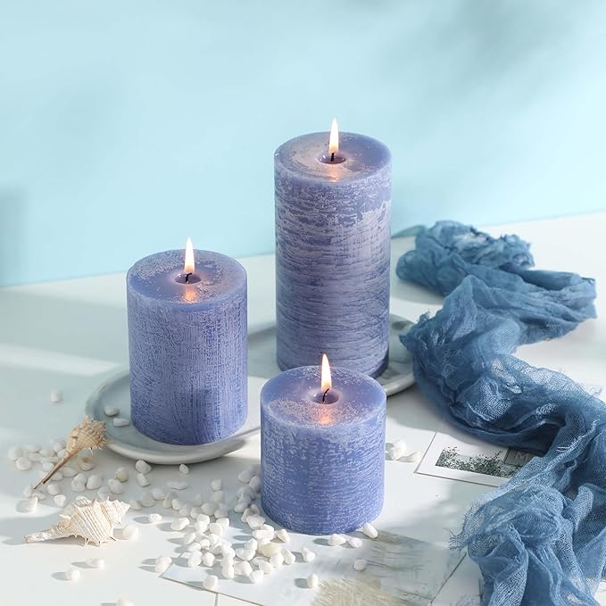 3x3 Inch Blue Pillar Candles Set of 3 - Hand-Poured Unscented Candle, Long Clean Burning, Large Big Candles, Smokeless Dripless Candle for Dinner Table, Wedding, Home, Bathroom, Rustic Decor