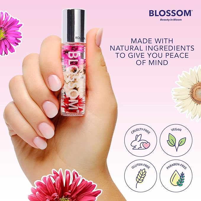 Blossom Roll on Lip Gloss, Scented Clear High Shine Moisturizing Lip Oil, Non Sticky, Infused with Real Flowers, Made in USA, 0.2oz, Cherry