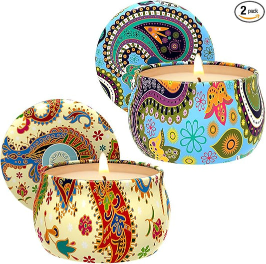 2 Packs Rose and Vanilla &Jasmine Scented Gift Set for Home Christmas, Small Natural Soy Wax Decorative Bohemian Stress Relief Aromatherapy Candles for Women Friends Cowrokers, 3.0" D x 1.8" H