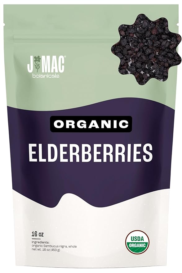 J Mac Botanicals Certified USDA - 100% Organic Dried Elderberries - 1lb Bulk - Non-Irradiated, Non-GMO, Whole Black Elderberry Immune Support - Raw Vegan Sambucus 1 Pound