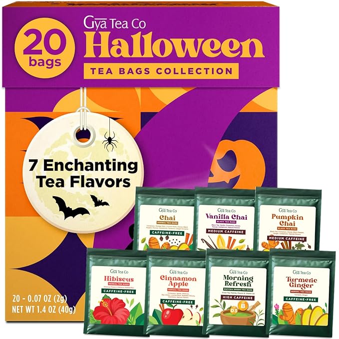 Gya Tea Co Halloween Assorted Tea Bags Variety Pack - 20 Bags 7 Seasonal Flavors - Caffeinated & Caffeine Free Holiday Tea Sampler Gift Set Box - Easy Brew, Natural Ingredients, Enjoy Hot or Iced
