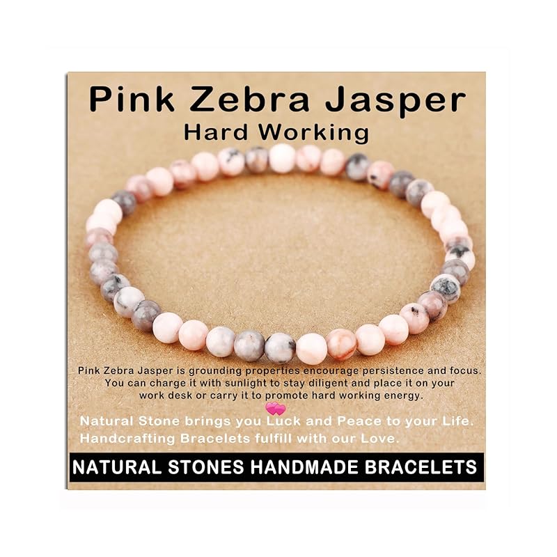AD Beads Handmade Gemstone Stretch Elastic Bracelet Crystal Healing Reiki Nature's Beauty and Spiritual Essence Unisex (4mm, Pink Zebra Jasper (Hard Working))