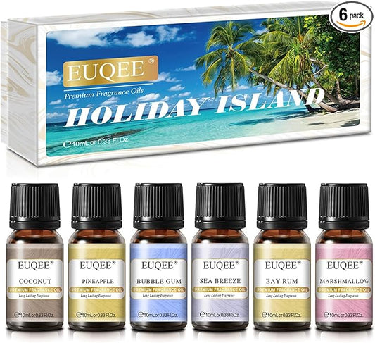 EUQEE Summer Fragrance Oil Gift Set of 6，Holiday Island Essential Oils Set for Humidifier, Aromarathepy-Pineapple, Coconut, Sea Breeze, Bubble Gum, Bay Rum, Marshmallow(10ml)