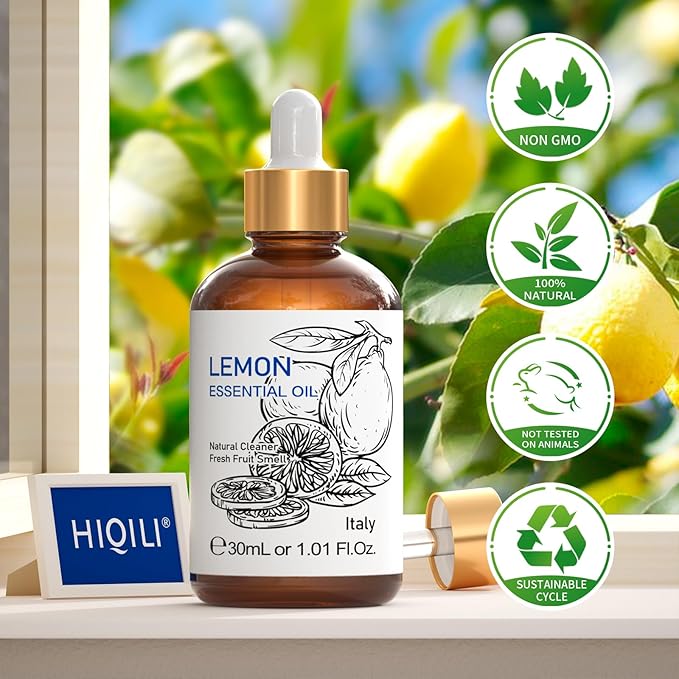 HIQILI Lemon Essential Oil, 100% Pure Undiluted for Cleaning, Skin, Diffuser - 1 Fl Oz/30ML