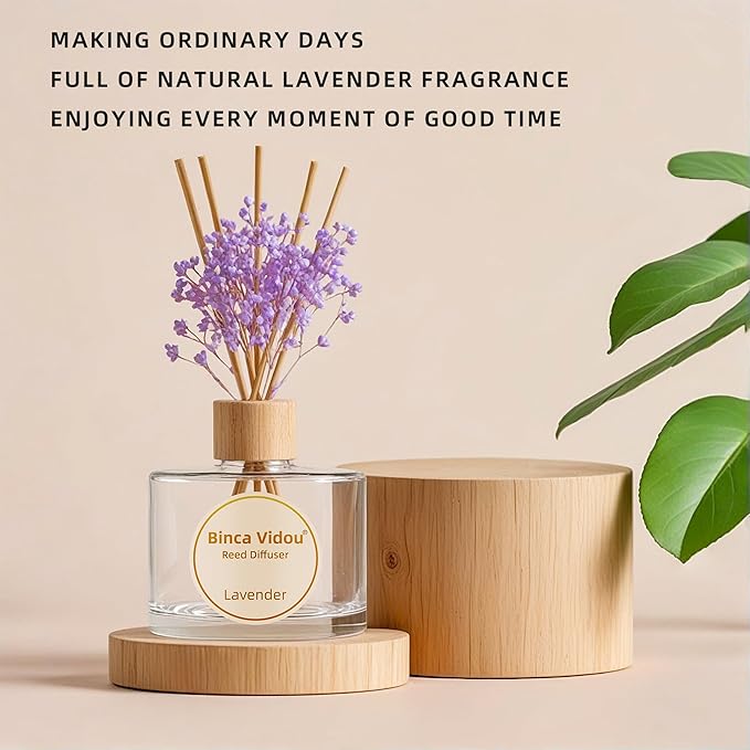 Reed Diffuser Set, Binca Vidou Lavender Natural Scent Oil Diffusers with Sticks for Home Office Bathroom Aromatherapy Decor 6.76oz(200ml)