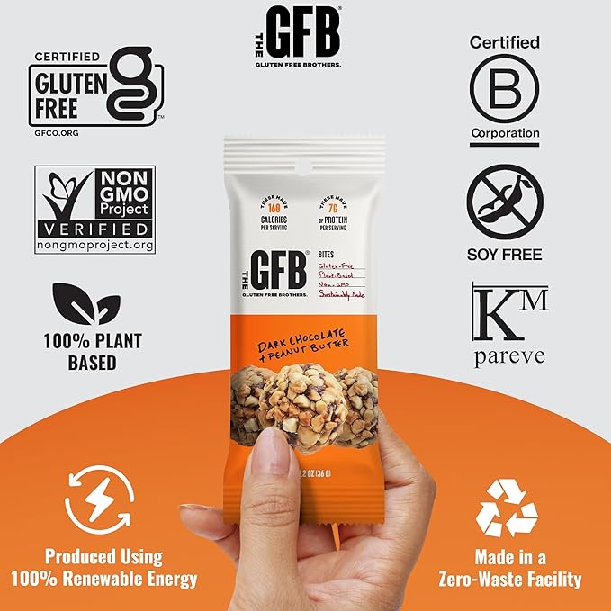 The Gluten Free Brothers Dark Chocolate Peanut Butter Bites - Gluten Free Protein Balls – Non GMO, Soy Free, Vegan – Snack Size Plant Based Protein Energy Balls, 1.2 oz (10 Count)