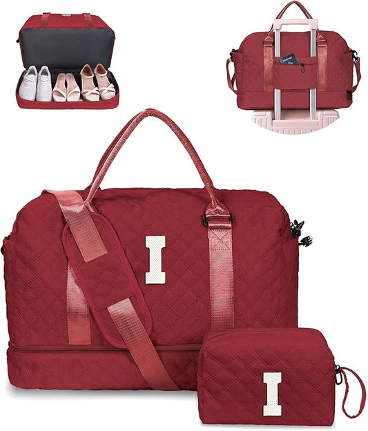 Gifts for Friends - Initial Duffle Bag - Personalized Weekender Bag With Monogram, Shoe Compartment, Travel Bag, Birthday Gift for Daughter or Sister (Letter I)