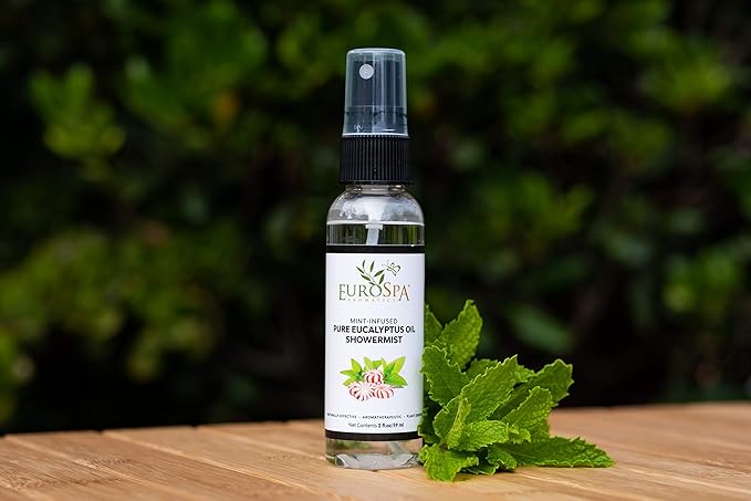 EuroSpa Aromatics Pure Eucalyptus Oil ShowerMist and Steam Room Spray, All-Natural Premium Aromatherapy Essential Oils - Mint Infused, 2oz