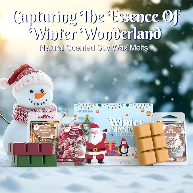 ARVIDSSON Winter Scented Wax Melts, Holiday Soy Wax Cubes for Wax Warmer, Strong Scent Fragrance Wax Tarts, Candle Melts Gift Set, Apple Cinnamon, Christmas Wreath, Gingerbread, Candy Cane, Cranberry