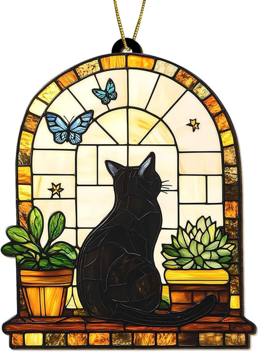 Black Cat Stained Glass Ornament, Window Scene Tree Decoration with Plants and Butterfly, Artistic Wooden Keepsake Gift for Cat Lovers, Women