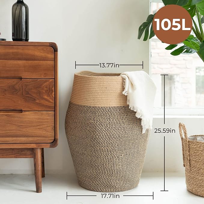 Goodpick 105L Jute Woven Rope Laundry Hamper - Collapsible Clothes Hamper for Bedroom and Laundry Room, 25.6" x 17.7" Tall Modern Baskets for organizing and décor Room