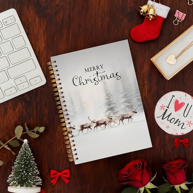 Exqcom Christmas Reindeer Spiral Notebook Gifts, Snowy Foggy Forest Winter Journal for Women, Merry Xmas Hardcover Notebook Journal Office School Supplies, 5.5x8.3 Inch,Christmas Office Gifts