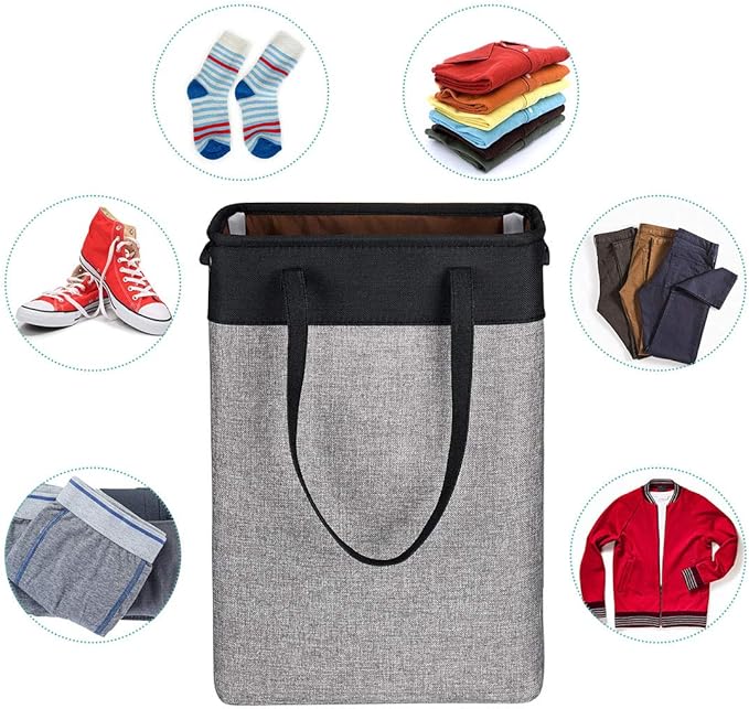 i BKGOO Laundry Basket with Handles Black&Grey-Slim Laundry Bin Collapsible Dirty Clothes Basket Narrow Laundry Bag Foldable Dirty Hamper for Camping, Dorms, Apartments