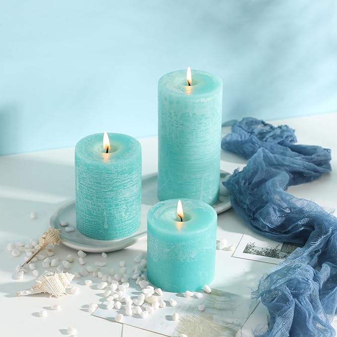 3x3 Inch Turquoise Pillar Candles Set of 3 - Unscented Candles, Long Clean Burning, Large Big Candles, Smokeless Dripless Pillar Candles for Dinner Table, Wedding, Home, Bathroom, Rustic Decor