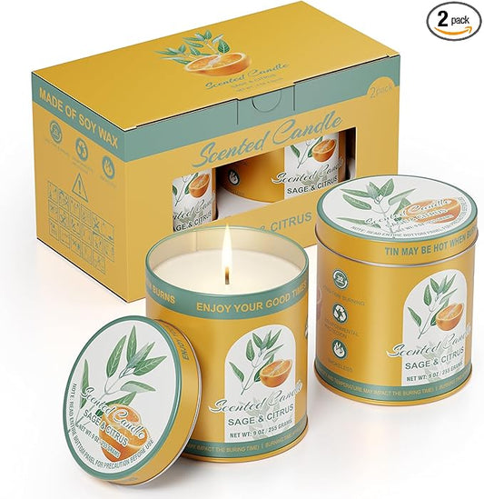 Sage&Citrus Scented Candles Gift Set | 2Pack 18oz 8% Essential Oils 80H Burn | Pure Soy Wax for Aromatherapy Tin Jar Candle | Meditation, Yoga,Smokeless, Relaxation&Sleep Aid Gift Set for Men&Women