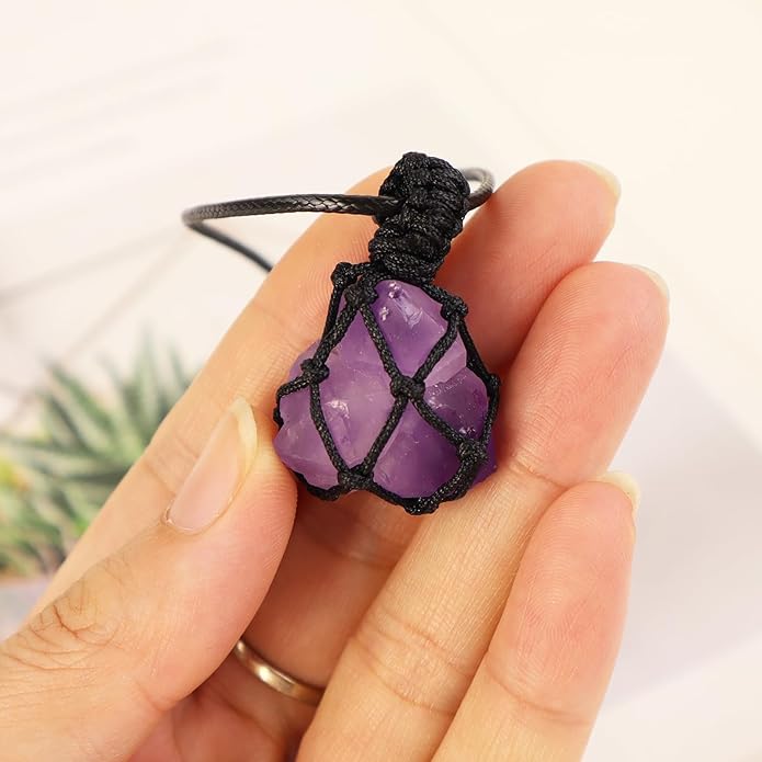 Handmade Natural Gemstone Crystal Pendant Necklace Stone Holder Necklace Cord Net Necklace with Adjustable Length for Women Men
