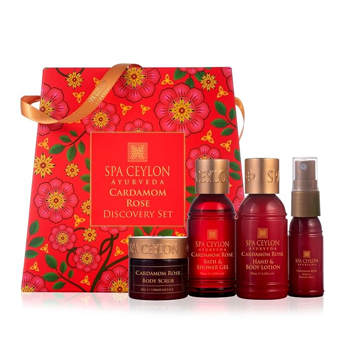 Spa Ceylon Cardamom Rose Discovery Set | Mind & Body Care Travel Size Set for All Skin Types |Body & Pillow Mist |Bath & Shower Gel | Hand & Body Lotion | Body Scrub