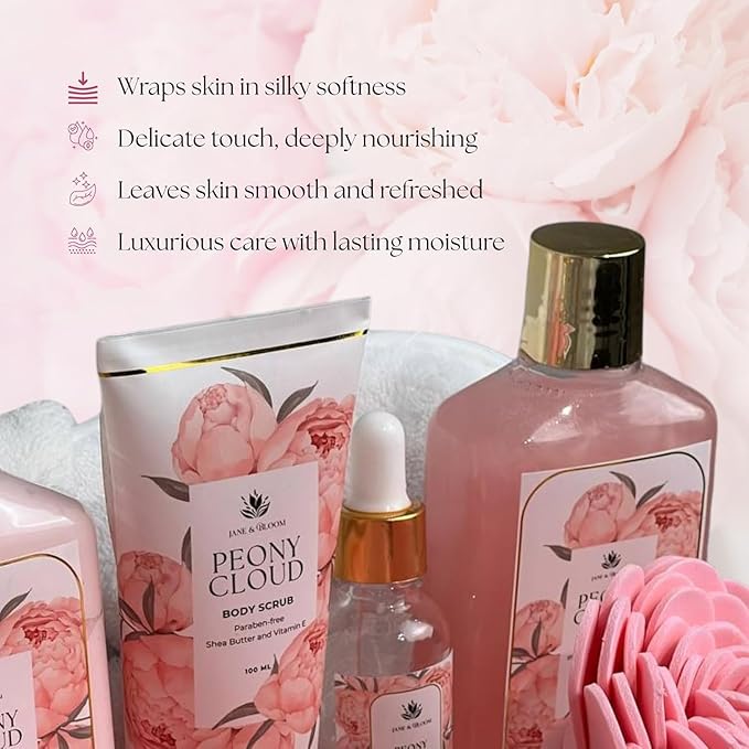 Spa Gift Basket for Women – Peony Cloud | 13-Piece Self Care Gift Set with Bubble Bath, Bath Bombs, Peony Diffuser, Lotion, Shower Gel, Bath Salt & More | Spa Gifts for Her, Birthday, Mother’s Day