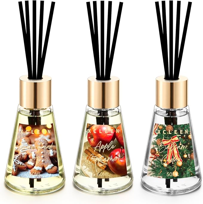 Reed Diffuser Set of 3, Scented Diffuser with Sticks, Gingerbread Joy/Apple Cinnamon/Balsam Cedar, Air Fresheners for Home Bathroom Shelf Decor, Aromatherapy Oil Diffuser Gift Idea, 1.7Oz x 3