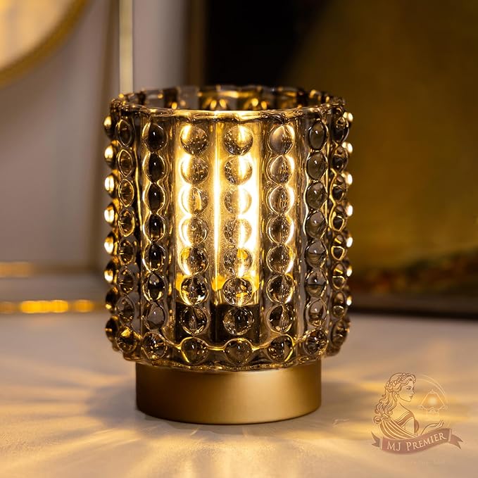 Battery Operated Lamp with Timer, Mini Crystal Table Lamps for Home Decor, Small Cordless Lamp for Areas No Outlets, Glass Battery Powered Lamps for Entryway, Bedroom, Bathroom, Shelf, Corner(Gray)