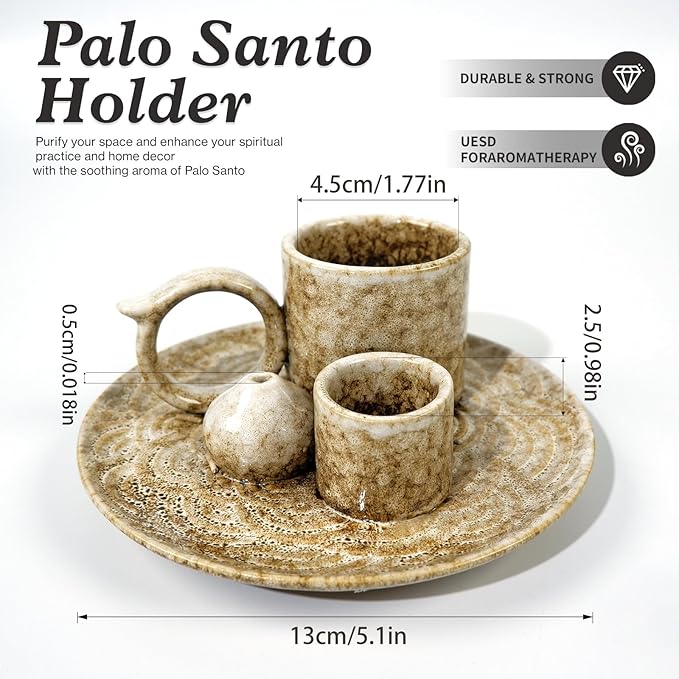 5.1Inch 5-in-1 Ceramic Smudge Bowl Brown - Incense Stick Holder, Small Candle Holder, Smudge Bowl/Dish, Fits Palo Santo, Sage.Zen Altar for Meditation/Yoga, Aromatic Scents, Easy to Clean