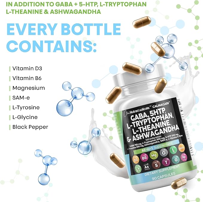 Clean Nutraceuticals GABA 750mg 5 HTP 200mg L Tryptophan 500mg L Theanine 200mg Ashwagandha SAM-e L-Glycine - Mood Support Vitamins for Women and Men with L-Tyrosine 5-HTP (5-Hydroxytryptophan)