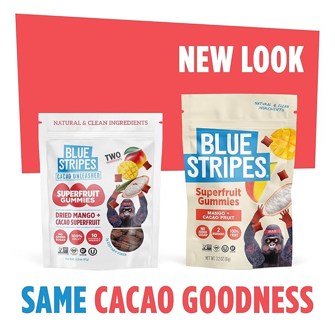 Blue Stripes Cacao Superfruit Gummies - Vegan Chewy Fruity Snack, No Sugar Added 100% Fruit Gummy, 9 Essential Vitamins & Minerals, Natural Tropical Superfood - Mango & Cacao, 3.2 oz (2 Pack)