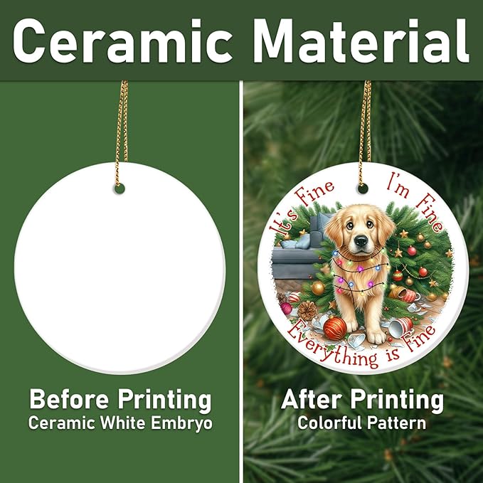 34HD 2.9"" Lightweight Ceramic Ornament for Christmas Tree, Both Sides Printed Flat Hanging Ornament, Gifts for Christmas, Christmas Decoration - Golden Retriever