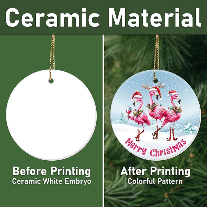 34HD Flamingo Christmas Ornament Ceramic 2-Side Printed, Flamingo Gifts for Men Women, Christmas Hanging Decorations