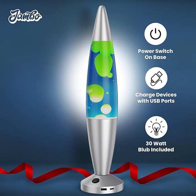 JAMBO Beautiful Liquid Lamp with USB Ports, 16" Motion Light with Blue Liquid Yellow Wax, Relaxing Nightlight, Mood Light for Bedroom, Living Room, Office - Adults, Teens, Kids
