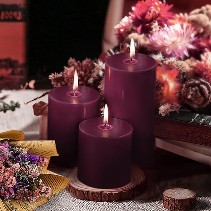KONNI Purple Pillar Candles Set of 3, 3"x 6" Unscented Pillar Candles Bulk, 56 Hours Long Burning Candles, Smokeless&Dripless Large Round Candle for Wedding, Home Decoration, Parties, Spas, Dinner