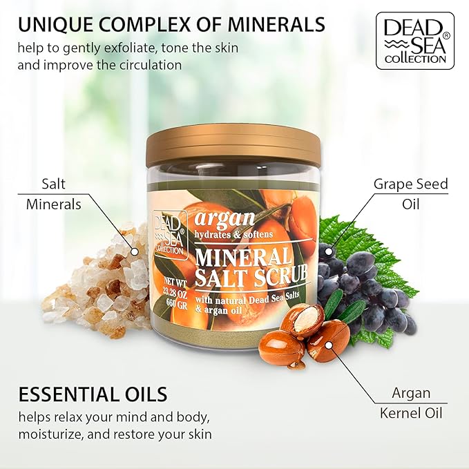 Dead Sea Collection Argan Salt Scrub – Exfoliating Body Scrub for Women – Moisturizing and Nourishing Skin – with Pure Oils and Dead Sea Minerals (23.28 Oz)