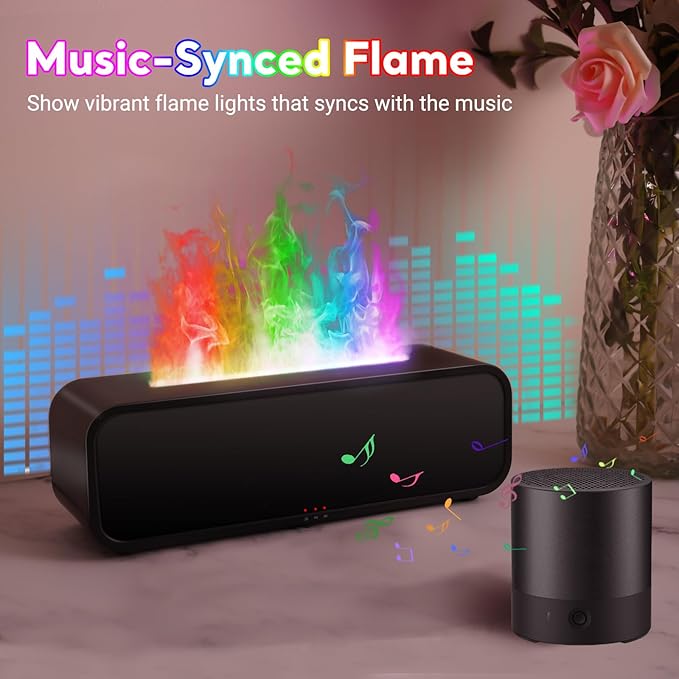 Eseential Oil Diffuser, 250ml Flame Oil Diffuser - Aromatherapy Humidifier, Sound Activated Flame Effect, Rainbow Flame, Music Sync, Remote Control - Perfect for Bedroom Home Office Yoga (Black)