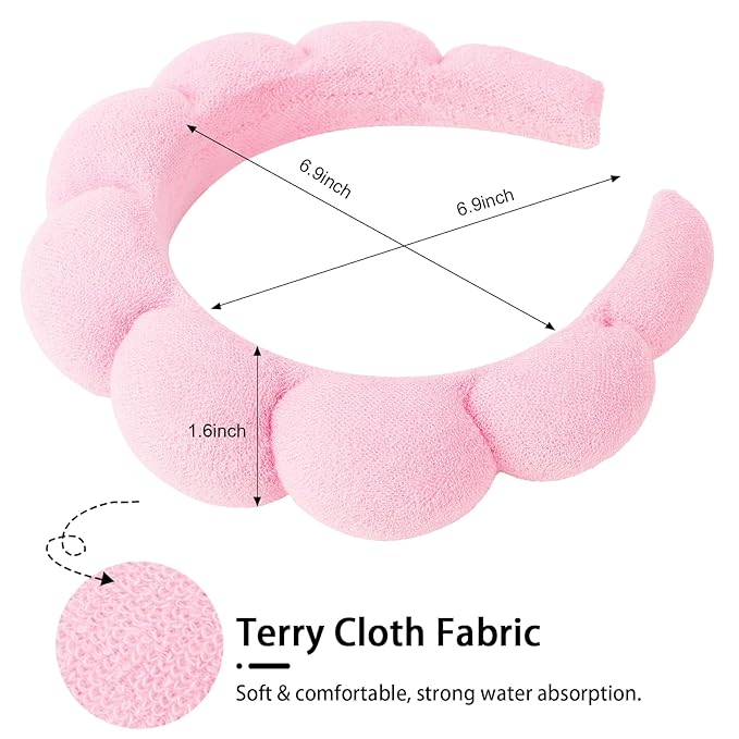 WHAVEL 3 Pack Spa Headband Skincare Headbands, Makeup Headband Sponge Terry Cloth Headbands Face Wash Headband Puffy Hair Band for Washing Face Women Girls (Pink)