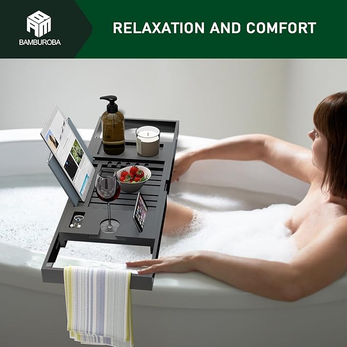 Foldable Bamboo Bathtub Caddy Tray Expandable for Luxury Bath, Bath Accessories & Table with Wine Glass Holder, Book Stand Bathroom Organizer with Extending Sides for Men/Women,Black