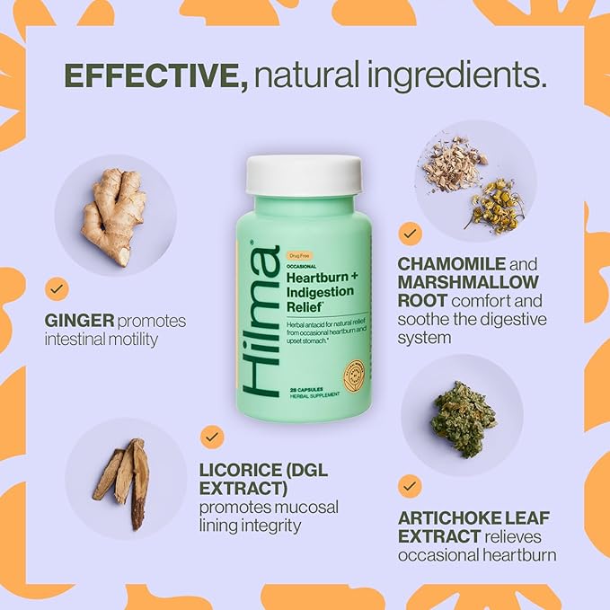 Hilma Heartburn & Indigestion Relief, Natural Antacid for Occasional Acid Reflux & Heartburn, Ginger, Chamomile, Marshmallow Root and More, Doctor-Formulated and Clinically-Studied, 50 Vegan Capsules