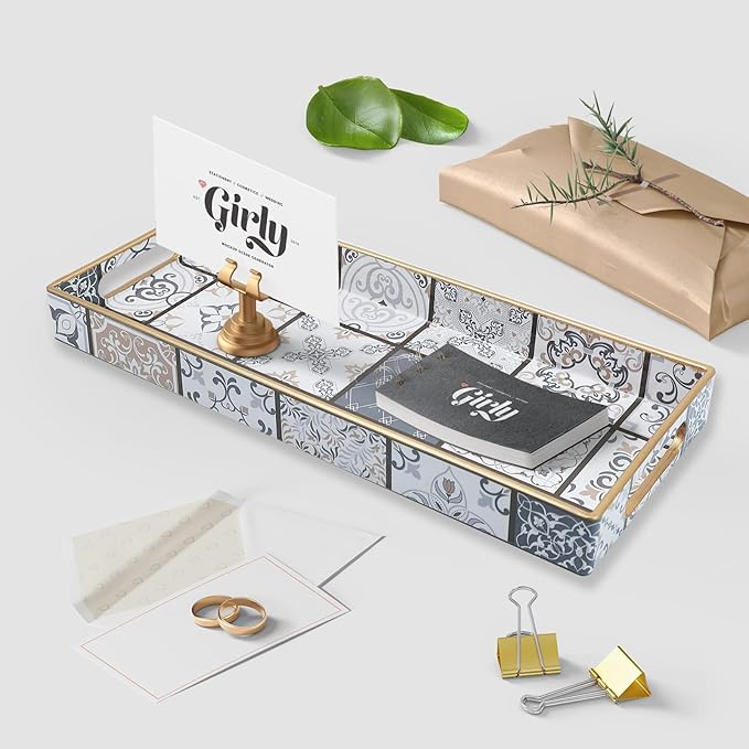 Bathroom Vanity Tray for Countertop, Small Plastic Toilet Tank Tray Versatile Storage & Organization Tray for Makeup, Perfume, Desk, Kitchen, Candles, 13.7"x6"x1.4", 35Boho3