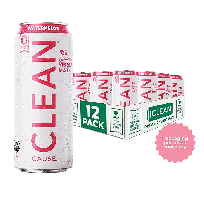 CLEAN Cause Zero Sugar Watermelon Yerba Mate Tea Sparkling, USDA Organic Energy Drink Alternative, Zero Calorie, 160mg Natural Caffeine, Soda Alternative, Plant-Based (16oz cans, 12-Pack Case)